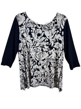 Clara Sun Woo Black Ivory Rose Print 3/4 Sleeve Top Women's Plus‎ Size L